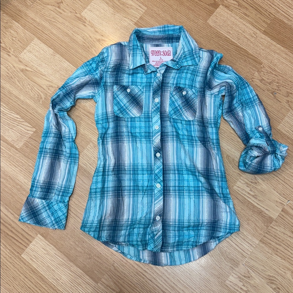 Green Soda Girls L 10 12 Blue Plaid Button Front Long Sleeve Shirt